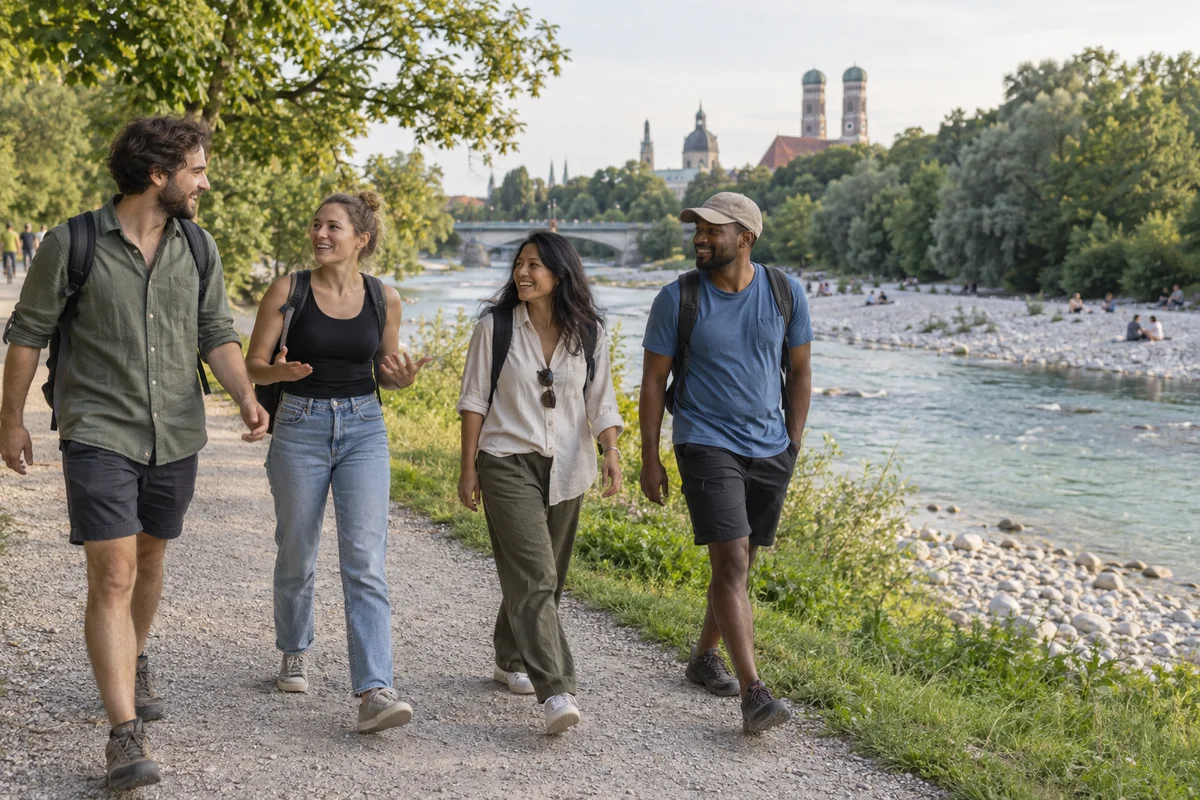 Friends walking and chatting beside a leafy riverbank