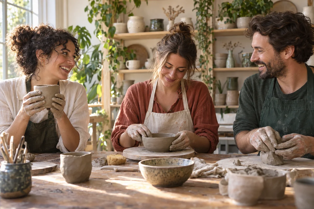 Three friends shaping clay together at a shared studio table