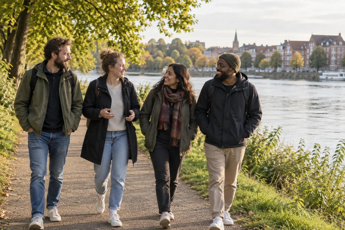 Four friends walking and talking along a leafy riverside path