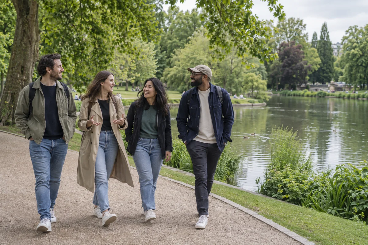 Four friends strolling beside a pond in a green city park