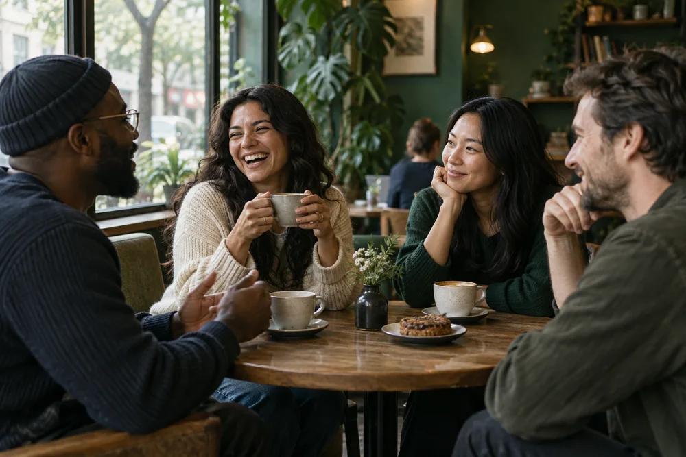 Four friends laughing over coffee around a cafe table