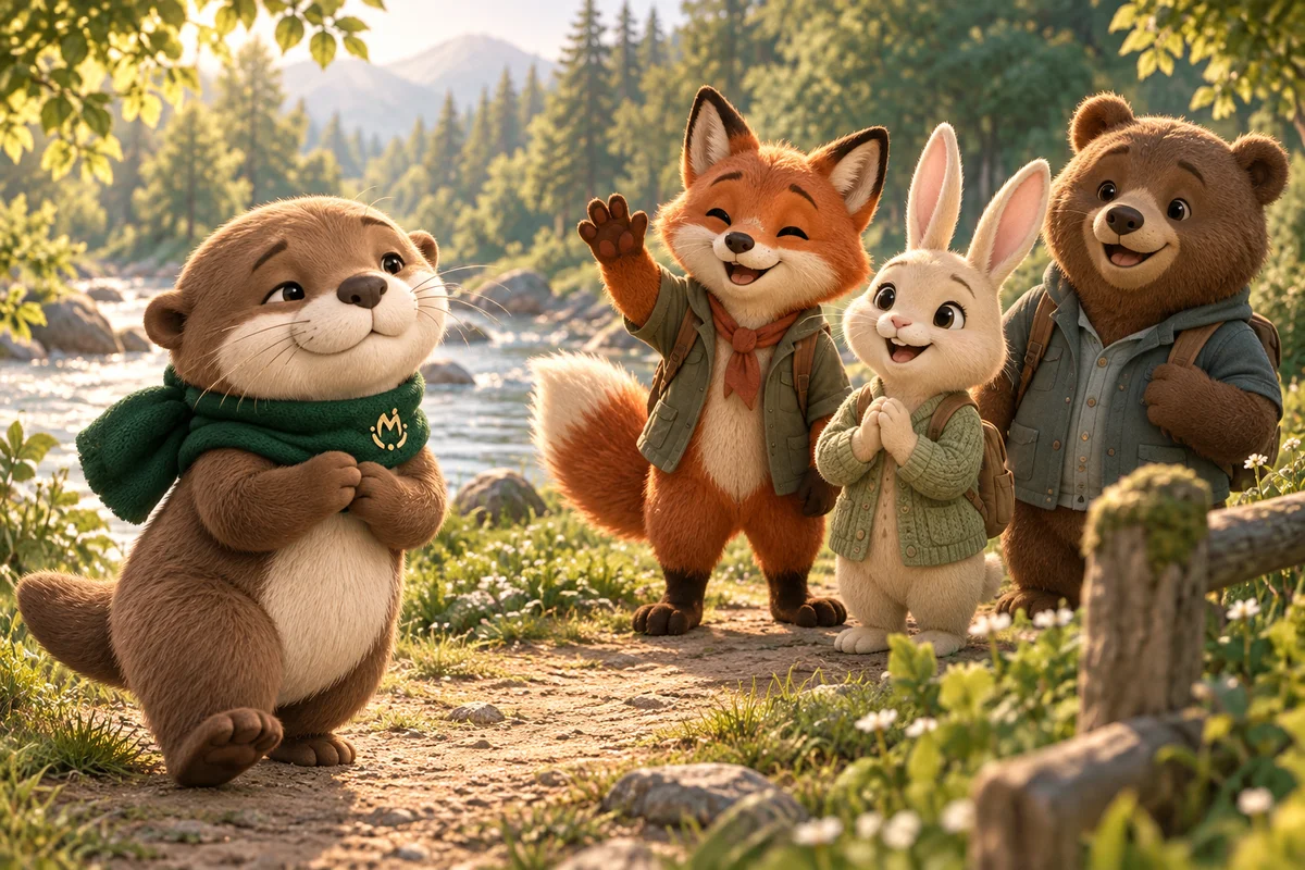 A fox, rabbit and bear welcome Otto to their first riverside walk