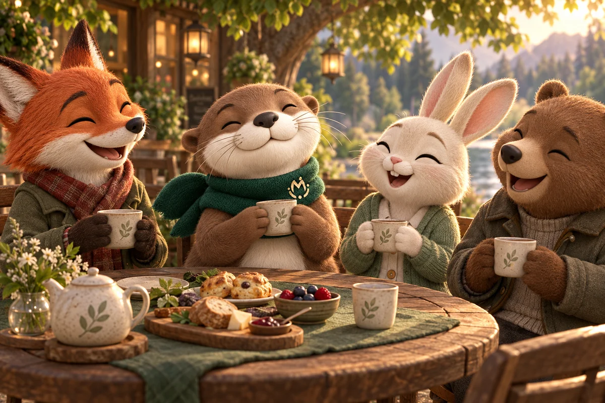 Otto shares tea and a meal with his new fox, rabbit and bear friends