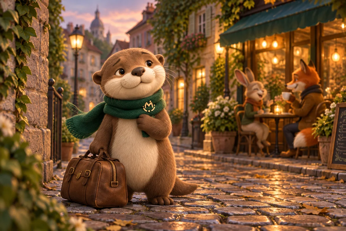 Otto arrives in a new neighbourhood with his travel bag as other animals chat outside a cafe