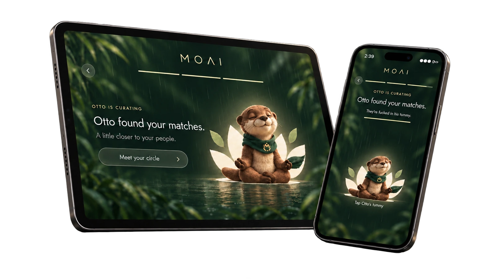 MOAI app preview: an angled landscape iPad on the left and phone on the right, with gentle rain and Otto meditating inside both screens.